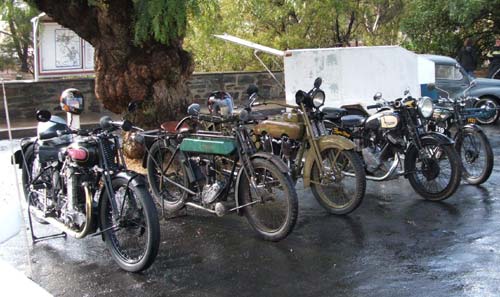 Sheltering... Cammy AJS, 1914 Rudge, Harley Davidson, Panther and BSA
